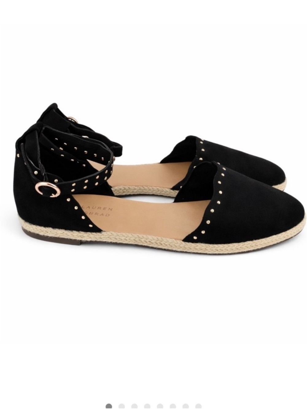 LC Lauren Conrad Black Studded Scalloped Flats Ankle-Strap Espadrilles